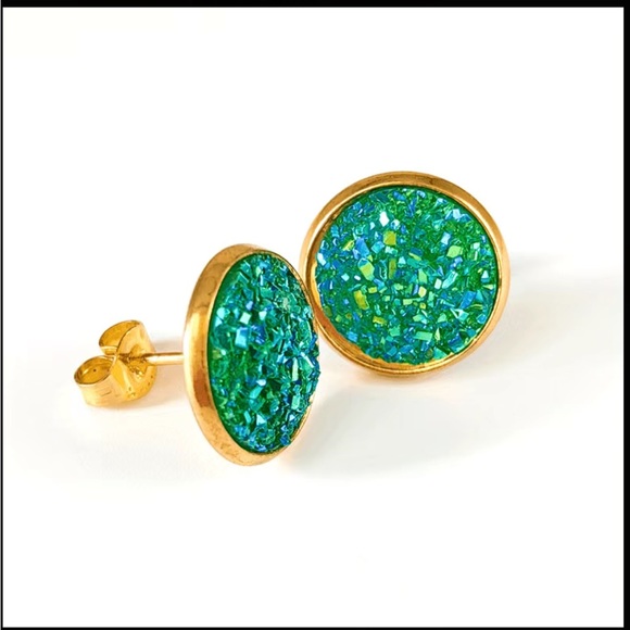 18K Gold Plated Green Blue Glitter and Gold Round Stud Earrings - Picture 6 of 6